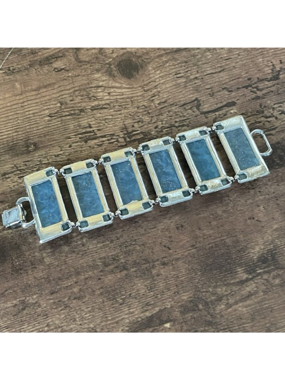 Vintage 1950s Panel Bracelet Blue Confetti Lucite Seashells Silver Tone Wide - Picture 9 of 16